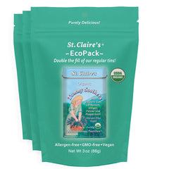 St. Claire's Organics front packaging of tummy soothers showing EcoPack and ingredients for convenient relief