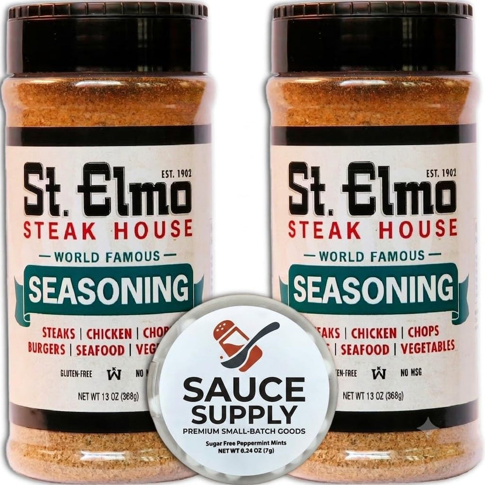 St Elmo Steak House front packaging showing dual 13 oz shakers and brand