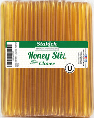 Stakich front packaging showing 100-count honey sticks, convenient portioning