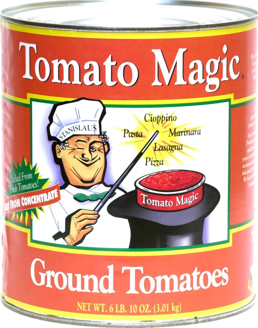 Stanislaus Tomato Magic front can showing label and size for easy identification and stocking