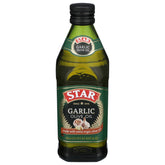 STAR bottle front label showing garlic extra virgin olive oil, clear branding and flavor