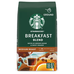 Starbucks Breakfast Blend front packaging showing 18 oz bag and branding benefit
