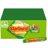 Starburst front packaging showing 24 share-size sour pouches and branding benefit convenience