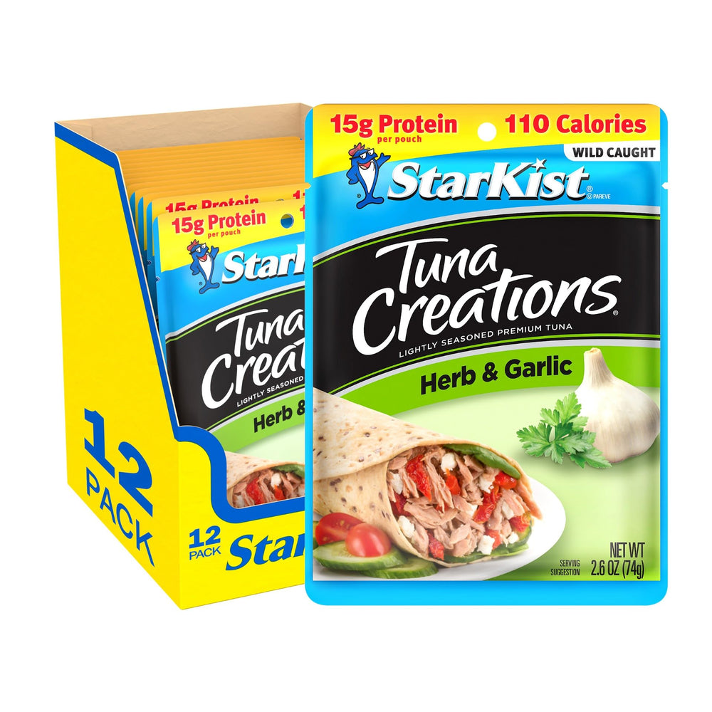 StarKist front packaging showing herb and garlic pouch, convenient snack