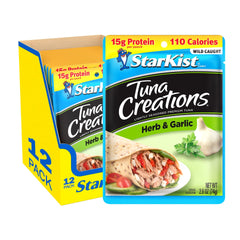 StarKist front packaging showing herb and garlic pouch, convenient snack