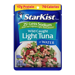 StarKist pouch opened with chunk light tuna ready to eat, convenient protein