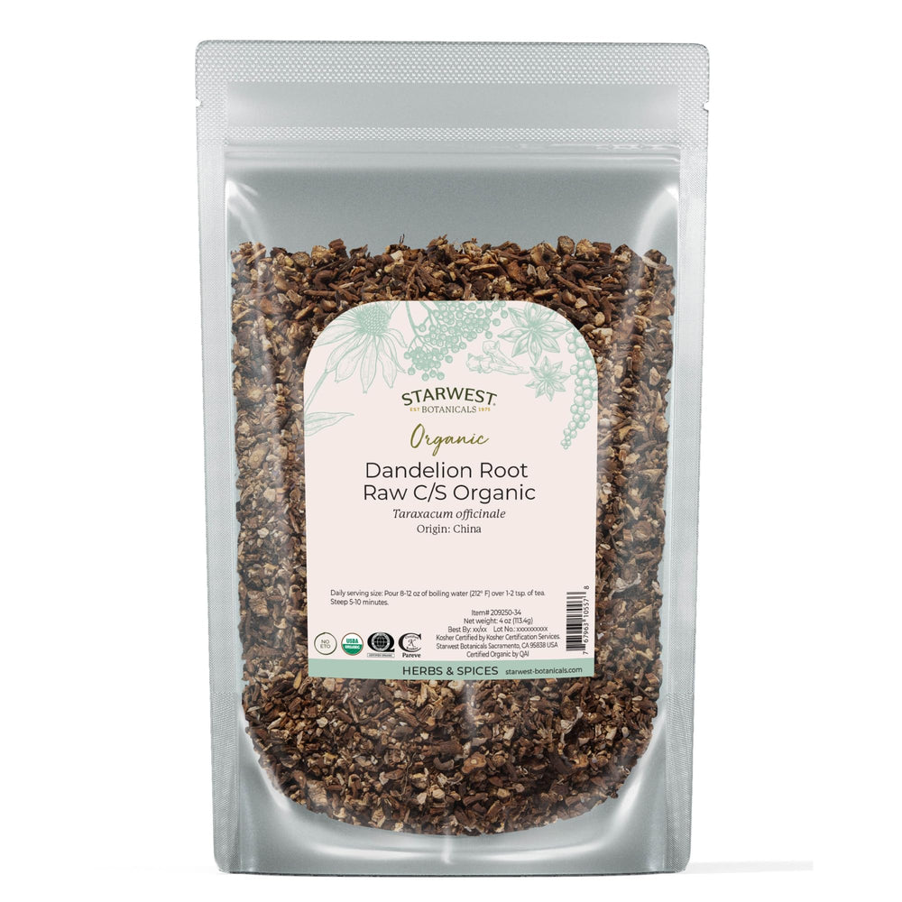Starwest Botanicals pouch front view showing label and organic dandelion root benefits
