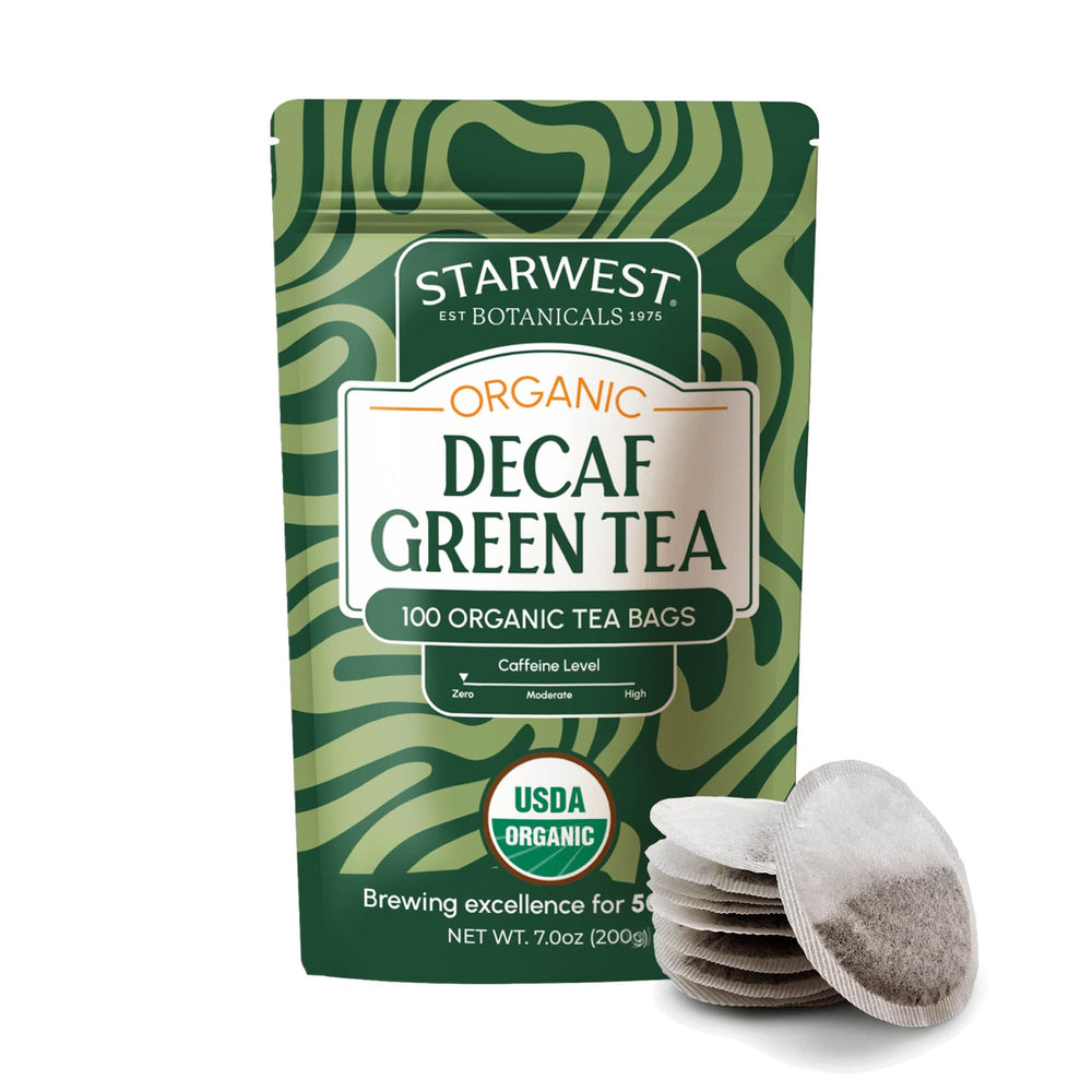 Starwest Botanicals front packaging showing organic decaf green tea and bulk quantity benefits