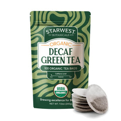 Starwest Botanicals front packaging showing organic decaf green tea and bulk quantity benefits