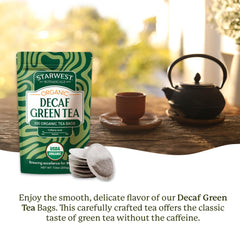 Starwest Botanicals decaf green tea bag close-up highlighting fine filter and easy steeping