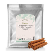 Starwest Botanicals front packaging showing 1 lb organic cinnamon bag and label benefits