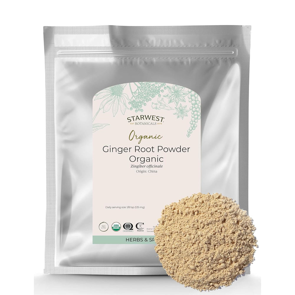 Starwest Botanicals front of 2 lb bag showing organic ginger powder and branding, clear pantry storage benefit