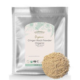 Starwest Botanicals front of 2 lb bag showing organic ginger powder and branding, clear pantry storage benefit
