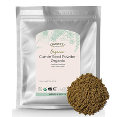 Starwest Botanicals front packaging of 1 lb ground cumin showing organic seal and bulk benefit