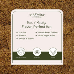 Starwest Botanicals spoon scooping ground cumin from the 1 lb bag for easy use
