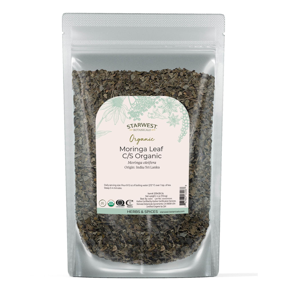 Starwest Botanicals front pouch showing 4 oz moringa leaf and organic seal