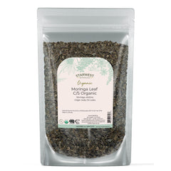 Starwest Botanicals front pouch showing 4 oz moringa leaf and organic seal