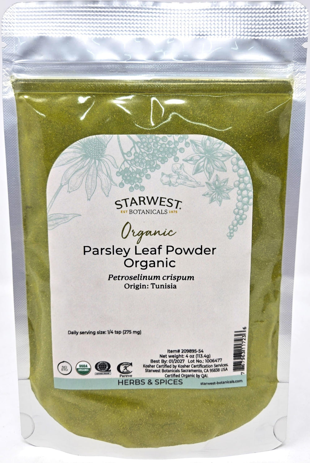 Starwest Botanicals parsley powder front pouch showing label and resealable top, highlights convenience