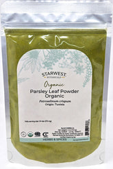 Starwest Botanicals parsley powder front pouch showing label and resealable top, highlights convenience