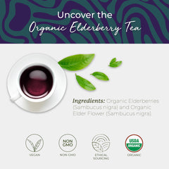 Starwest Botanicals iced elderberry tea in a glass emphasizing refreshing fruity flavor
