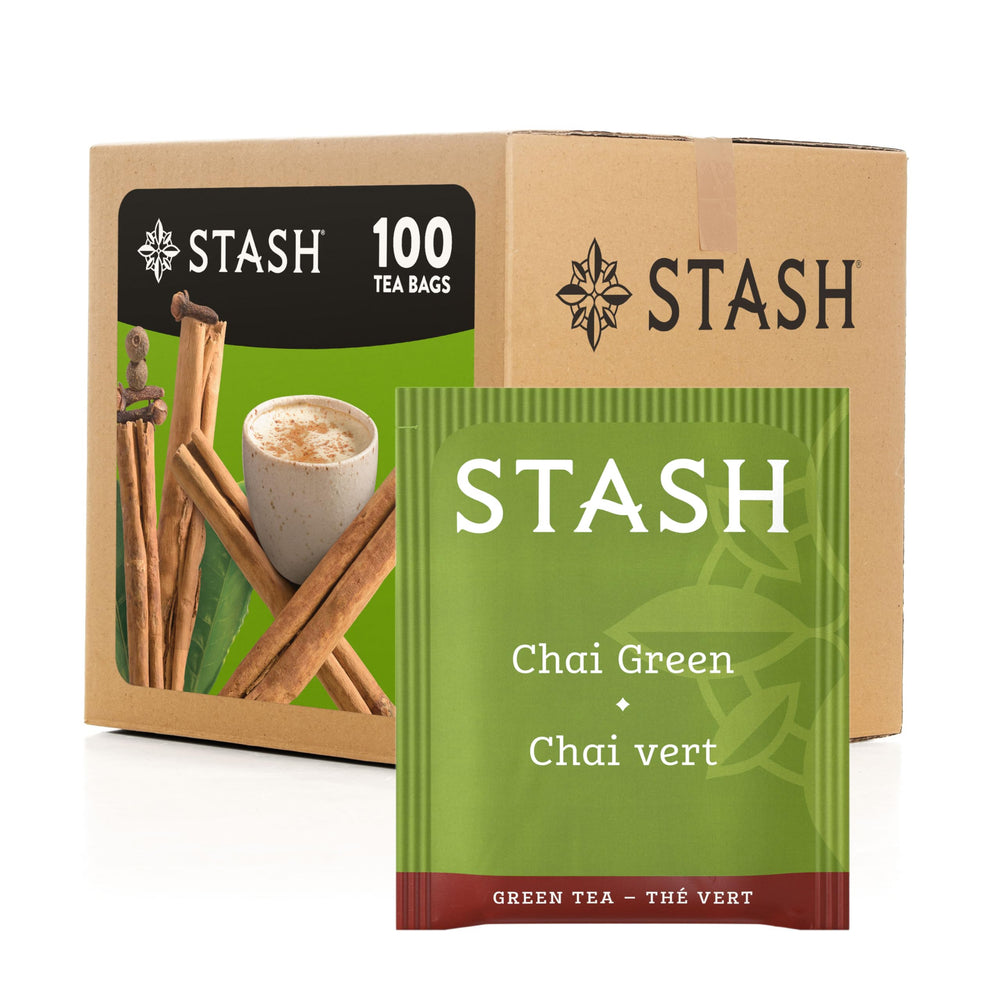 Stash front packaging showing chai green tea and bulk 100-count benefit