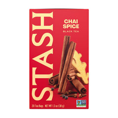 Stash front packaging showing six boxes and bold chai branding benefit: clear product identification