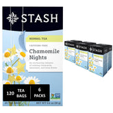STASH chamomile nights front packaging showing six boxes and branding, convenient supply