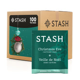 STASH front box of Christmas Eve herbal tea showing 100-count bulk packaging and benefits