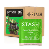 Stash box front view showing branding and decaf green tea benefits