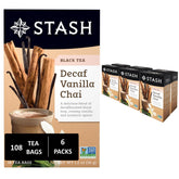 Stash front box showing decaf vanilla chai and quantity benefits