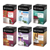 Stash front packaging showing six holiday tea boxes, clear variety and convenience