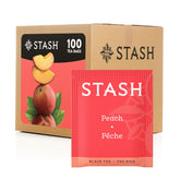 Stash front packaging showing box of 100 tea bags and peach benefit