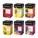 Stash front packaging showing six fruit herbal boxes and vibrant branding benefits choice
