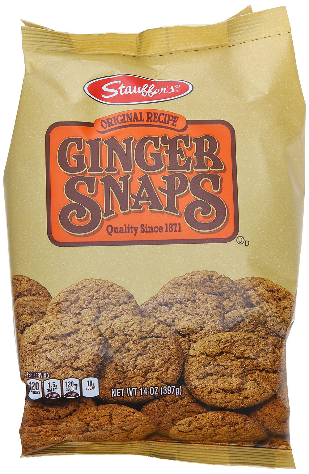STAUFFERS front packaging of 14 oz ginger snap bag showing crisp cookies and brand