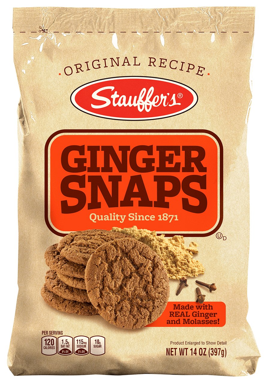 STAUFFERS front packaging showing resealable bag and spicy ginger snaps benefits freshness