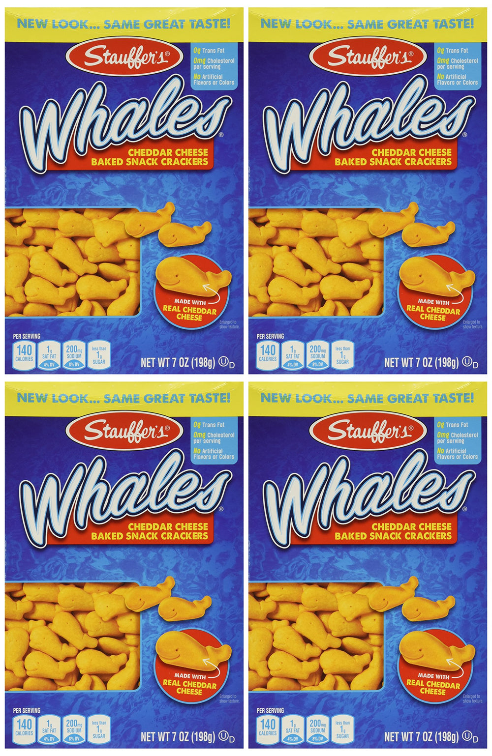 Stauffer's box front showing whale-shaped cheddar crackers and pack convenience