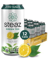 Steaz front can showing half & half label and branding for quick identification