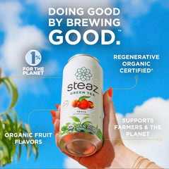 Steaz close-up of can opening and bubbles, emphasizing crisp taste