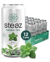 Steaz mint green tea front packaging showing can and branding, refreshing ready-to-drink benefit