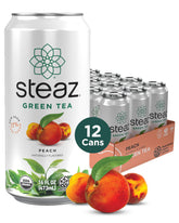 Steaz front packaging showing twelve peach green tea cans and benefits