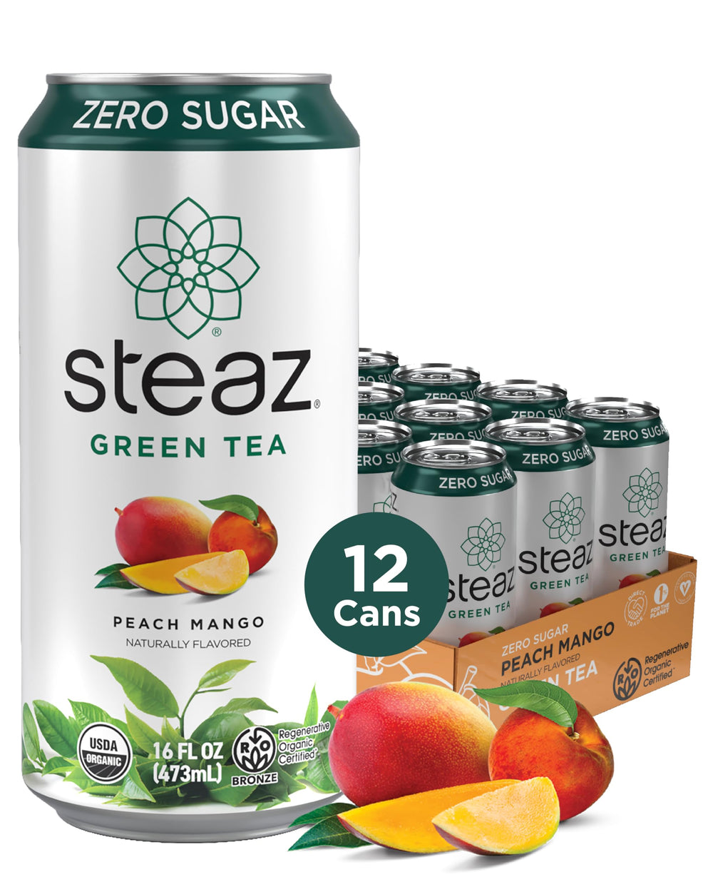 Steaz front packaging showing peach mango can and benefit of zero calories