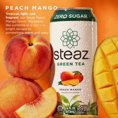 Steaz pouring peach mango tea into glass for refreshing natural energy