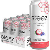 Steaz front can showing label and 16 fl oz size, refreshing benefit
