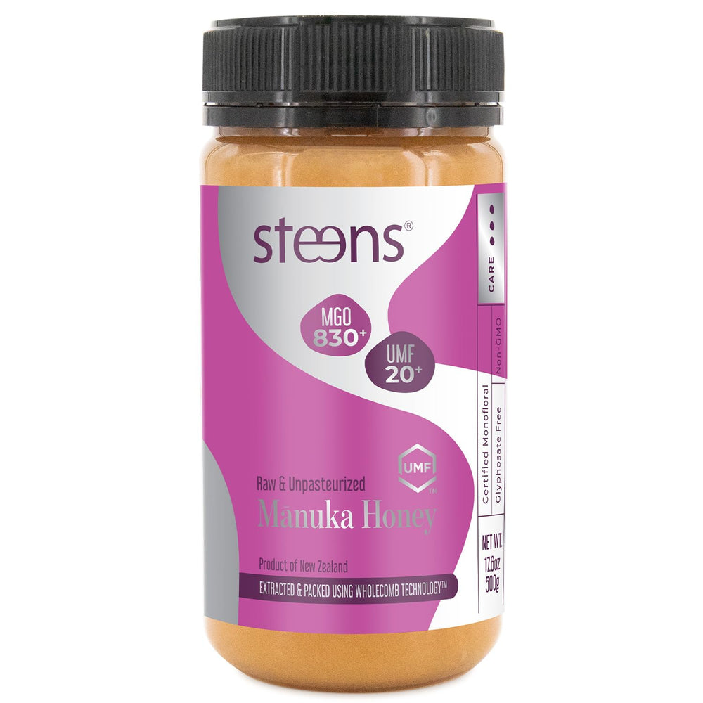 Steens jar front view showing UMF 20+ and 17.6 oz for trusted strength
