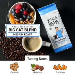 Stella Blue label close-up highlighting roast level and origin for informed purchases