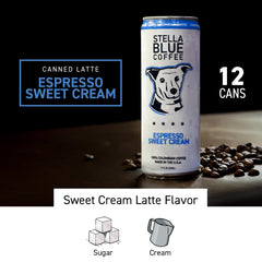 Stella Blue close-up of can label highlighting 100% Colombian coffee and flavor benefits