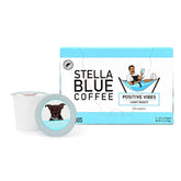 Stella Blue front packaging showing Positive Vibes box and benefit of recyclable pods