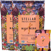 Stellar Snacks front packaging showing Maui Monk pretzel braids and benefits