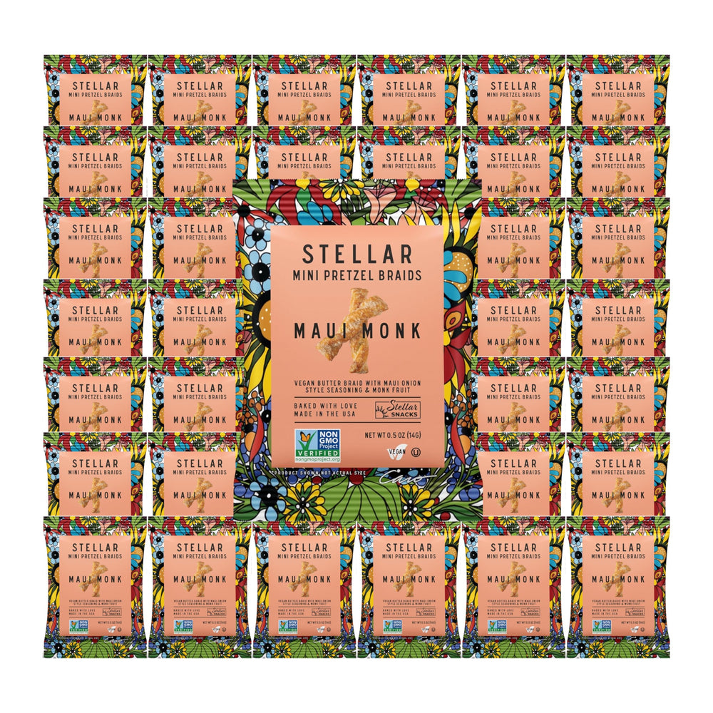 Stellar Snacks front packaging Maui Monk showing brand and portioned benefit