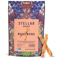 Stellar Snacks front packaging showing 5 oz bag and Maui Monk flavor for grab-and-go convenience